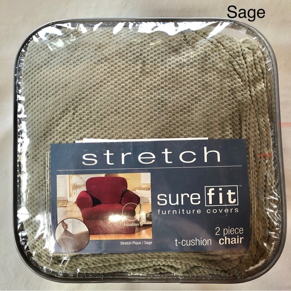 SURE FIT Sage Green Stretch Pique Chair (T-Cushion) and Ottoman Slipcovers NWOT - Picture 4 of 15